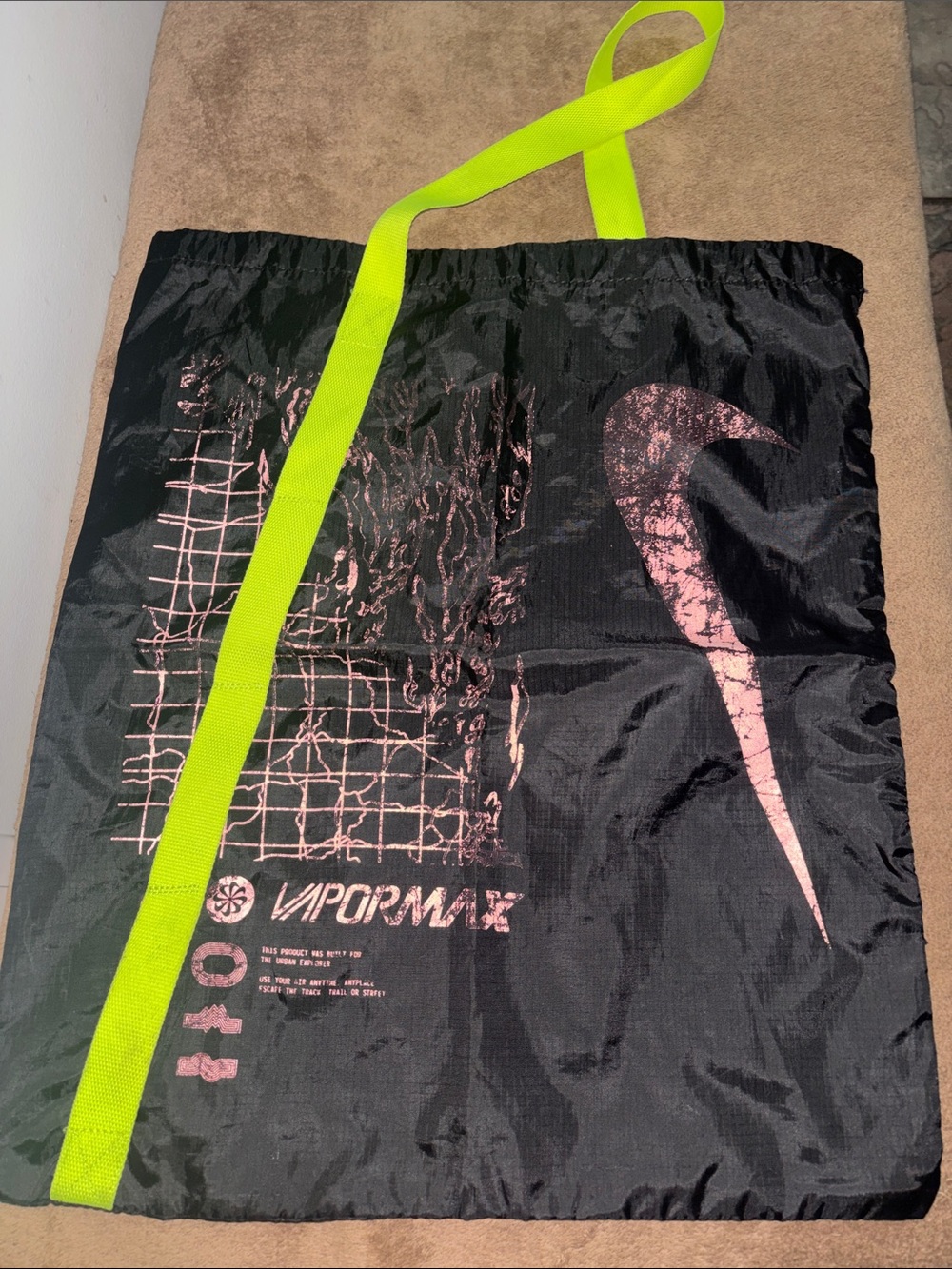 Nike Black Drawstring Tote with Neon Yellow Strap and Pink Accent Swoosh